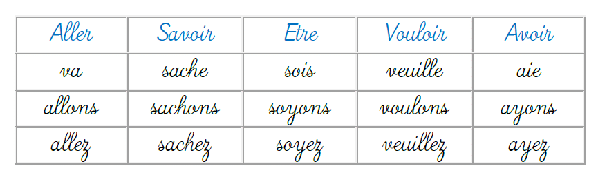 Conjugaison à l'imperatif des verbes irréguliers aller savoir etre vouloir avoir