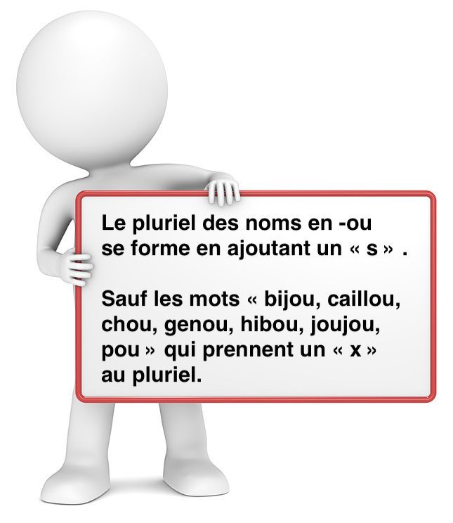 Le pluriel des noms en avec les exceptions : bijou, caillou, chou, genou, hibou, joujou, pou. (JeRévise)